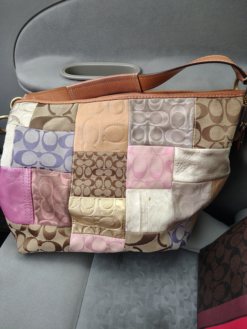 Coach Patchwork Signature Shoulder Bag in Brown, Pink, Purple, Cream